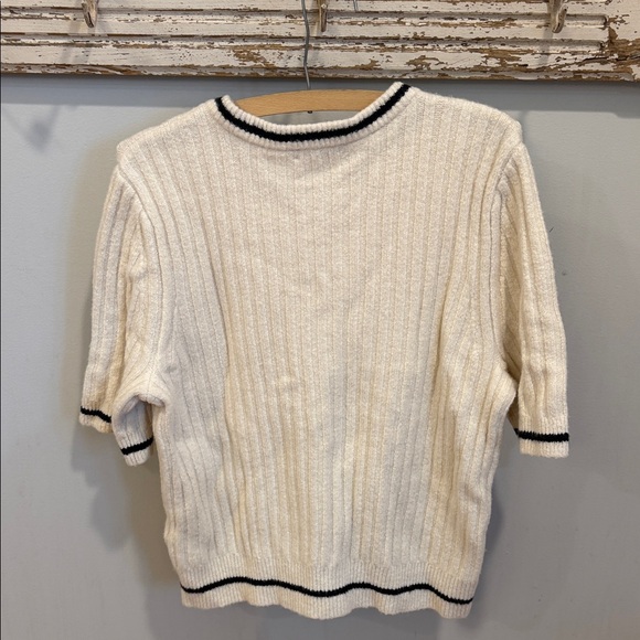 Madewell NWT Puff Sleeve Cardigan Cream Short Sleeve Cardigan with Black Trim XL - Picture 6 of 9